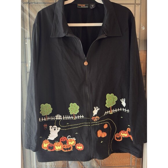 Onque Women’s Size 2XL Halloween Jacket Shacket Cardigan Black Pumpkins Ghost - Picture 1 of 11